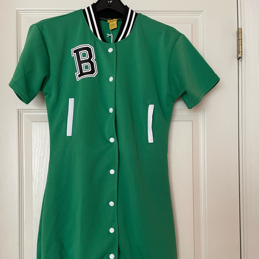 Kelly Green Game Day Dress with black & white athletic detailing.